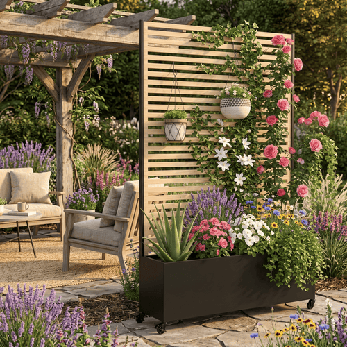 AwayHome 73"H x 47"W Galvanized Metal Slatted Outdoor Privacy Planter Box with Trellis and Wheels