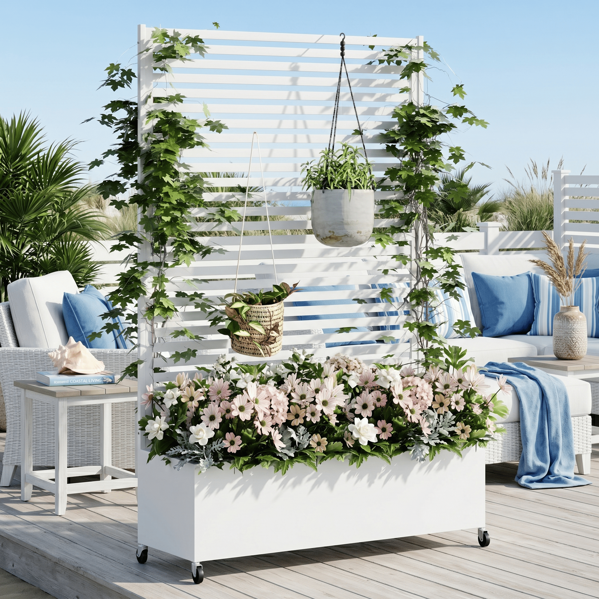 AwayHome 73"H x 47"W Galvanized Metal Slatted Outdoor Privacy Planter Box with Trellis and Wheels