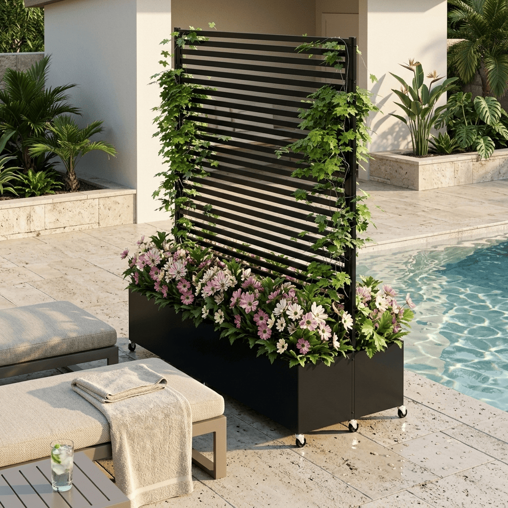 AwayHome 73"H x 47"W Galvanized Metal Slatted Outdoor Privacy Planter Box with Trellis and Wheels