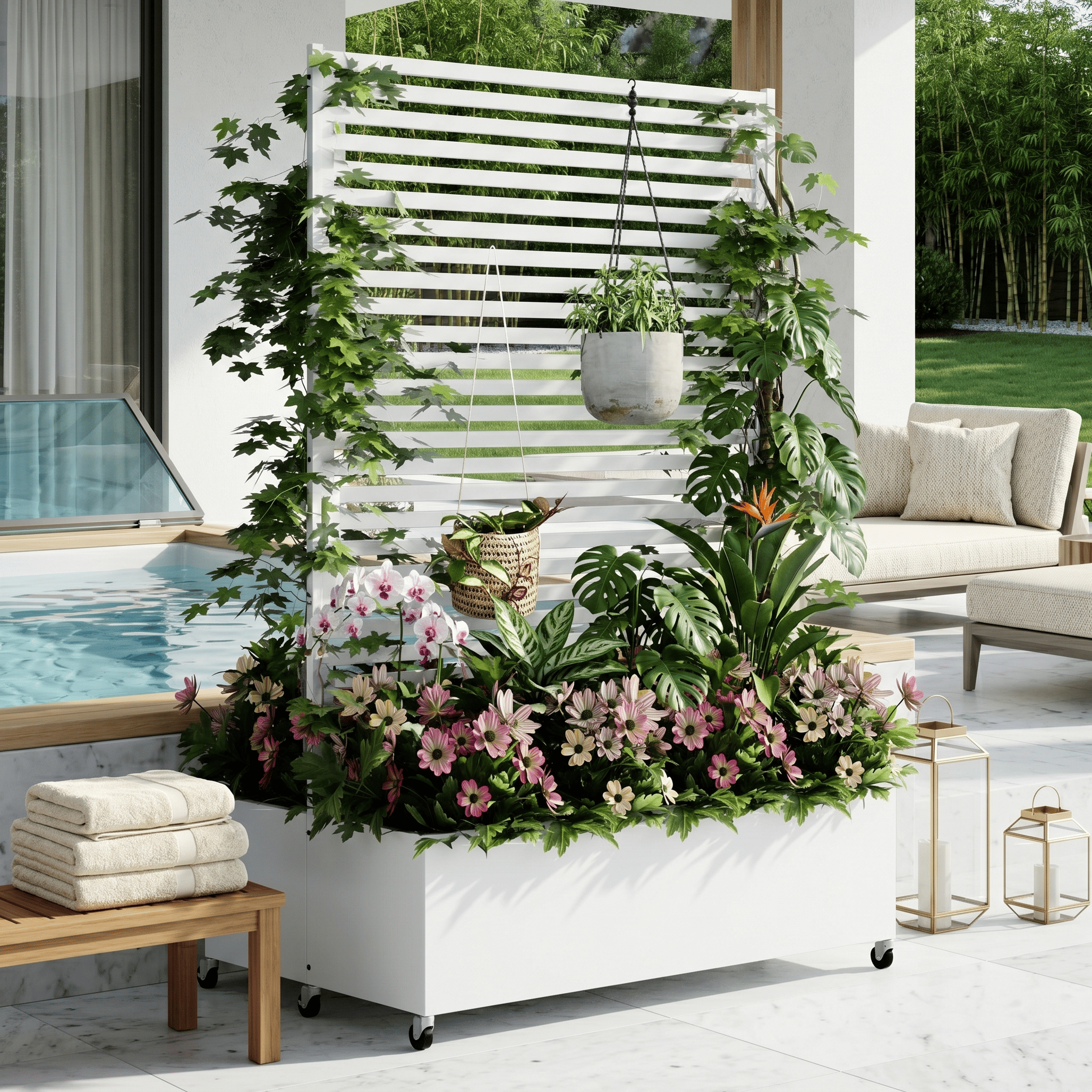 AwayHome 73"H x 47"W Galvanized Metal Slatted Outdoor Privacy Planter Box with Trellis and Wheels