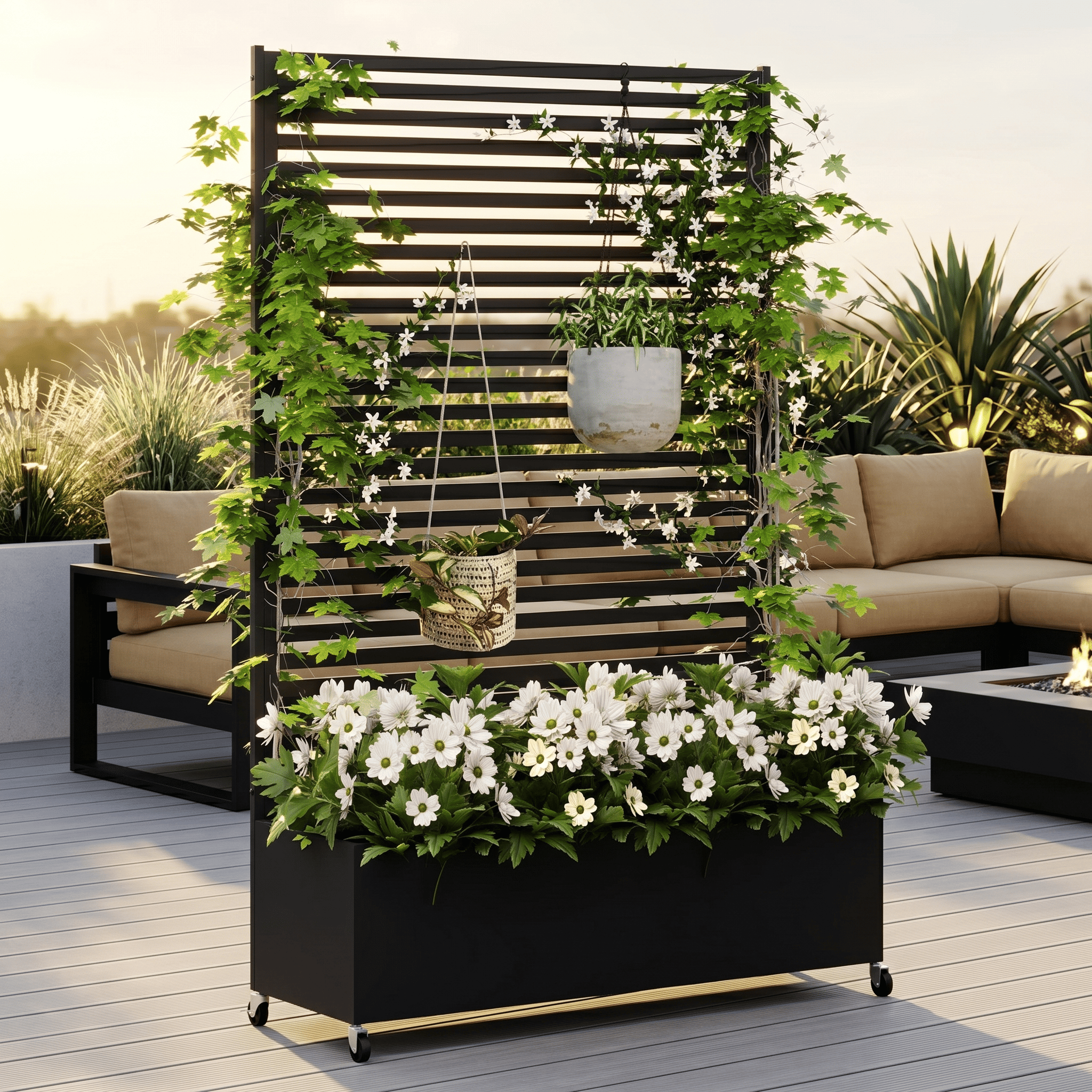 AwayHome 73"H x 47"W Galvanized Metal Slatted Outdoor Privacy Planter Box with Trellis and Wheels